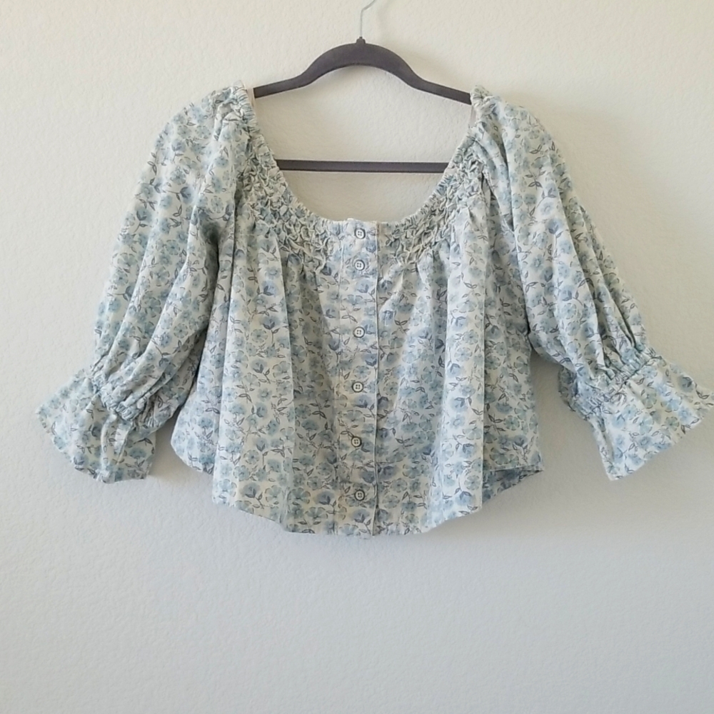 Free People Blue Floral Smocked Blouse
